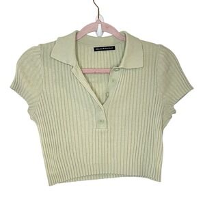 Brandy Melville One Size Green Ribbed Knit Short Sleeve Cropped Collared Top
